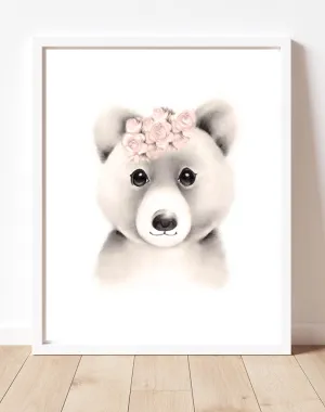 Baby Bear Flower Crown Print in Sweet Blush