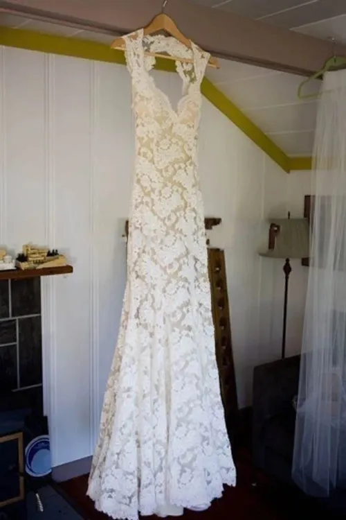 Backless A-line Floor-Length Sleeveless Sheath Lace Wedding Dress,MW334