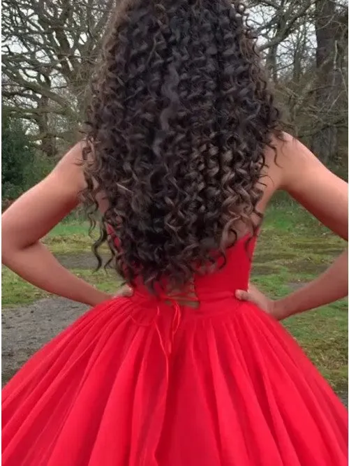 Ball Gown Sweetheart Lace Up Sweep Train Red Organza Long Prom Dress with Pleats OHC581