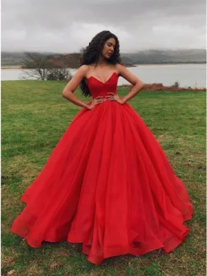 Ball Gown Sweetheart Lace Up Sweep Train Red Organza Long Prom Dress with Pleats OHC581