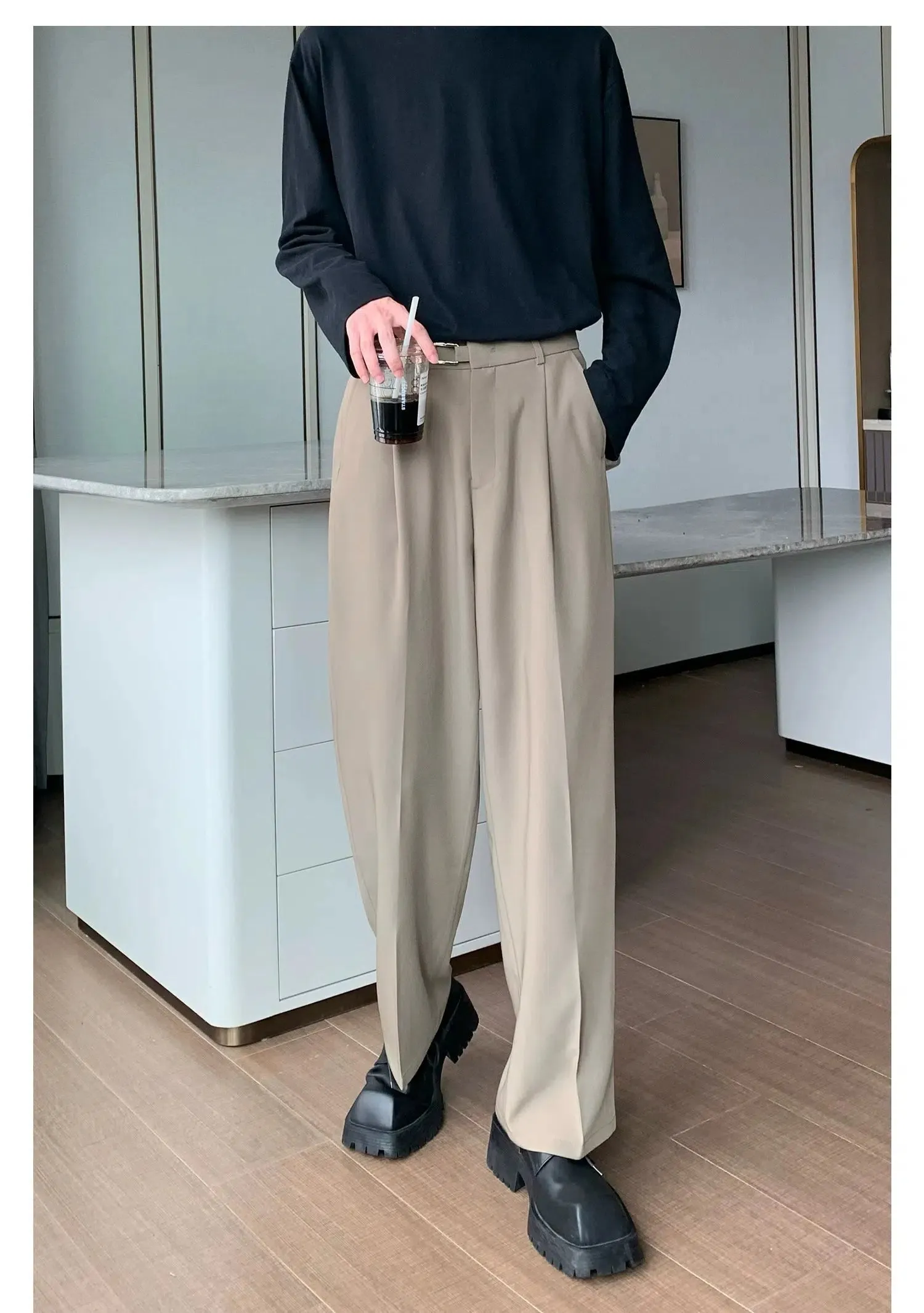 Basic Straight-leg Pleated Suit Pants