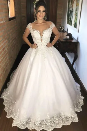 Beaded Appliques Lace Wedding Dress Capped Sleeves