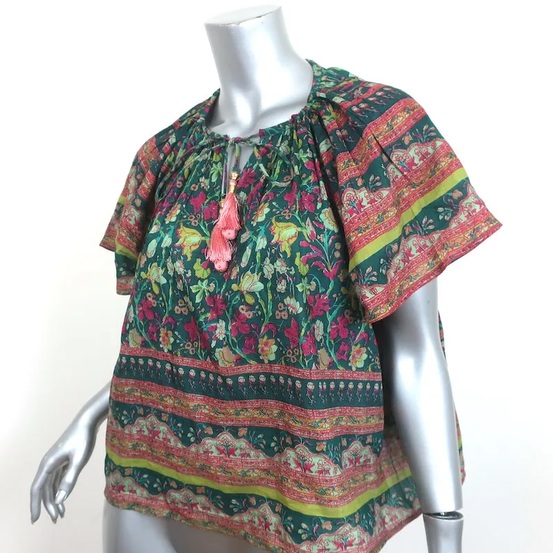 Bell Tassel Blouse Green Floral Print Cotton-Silk Size Medium Flutter Sleeve Top