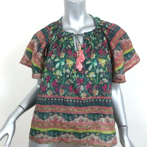 Bell Tassel Blouse Green Floral Print Cotton-Silk Size Medium Flutter Sleeve Top