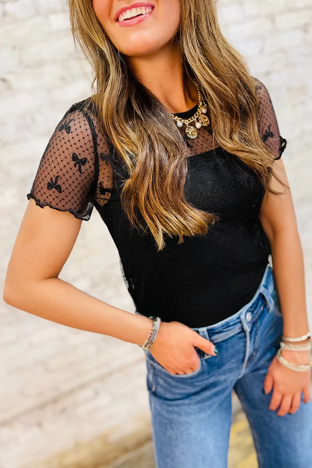 Black Bow Knot Dotted See-through Mesh Patched Slim Fit Blouse