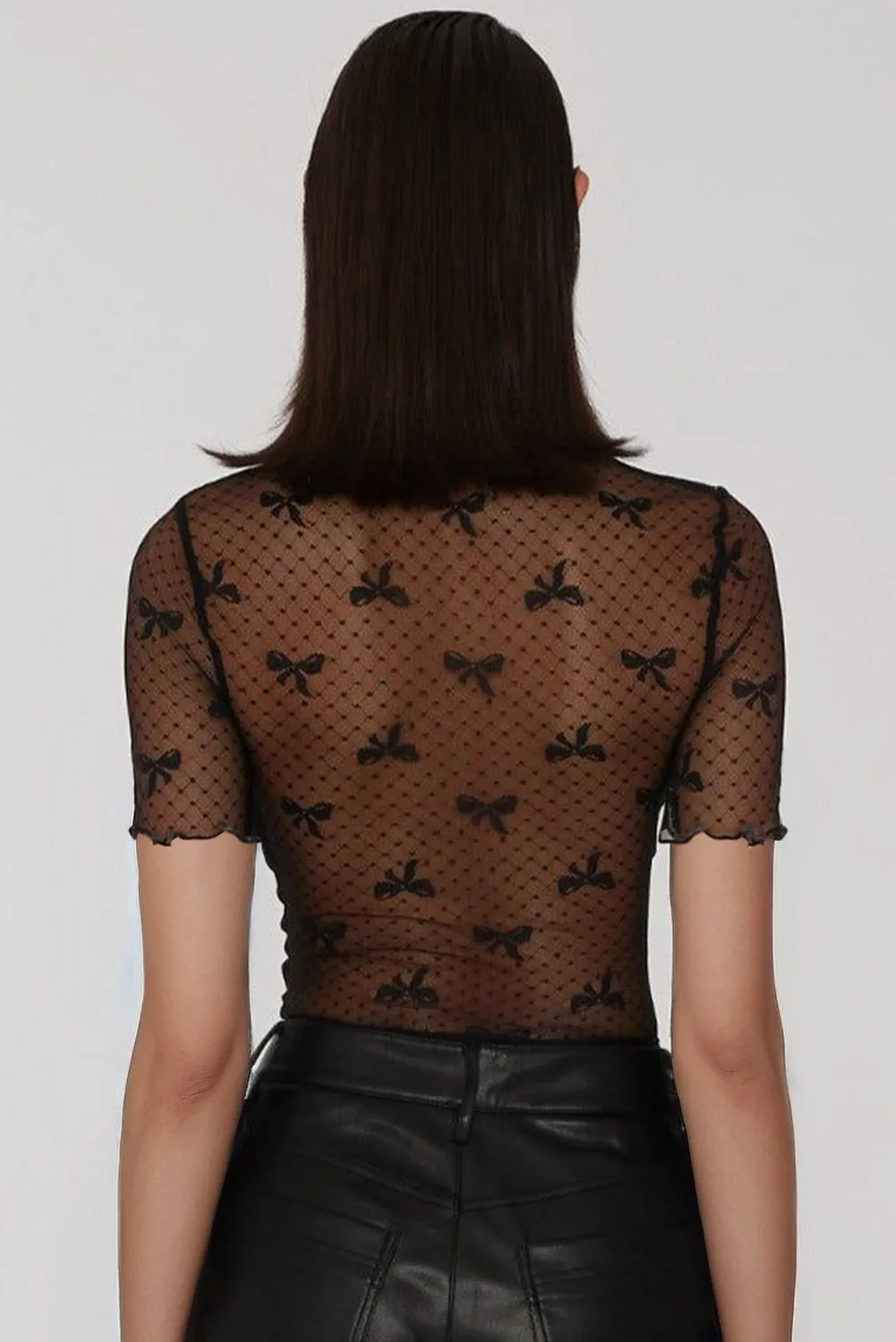 Black Bow Knot Dotted See-through Mesh Patched Slim Fit Blouse