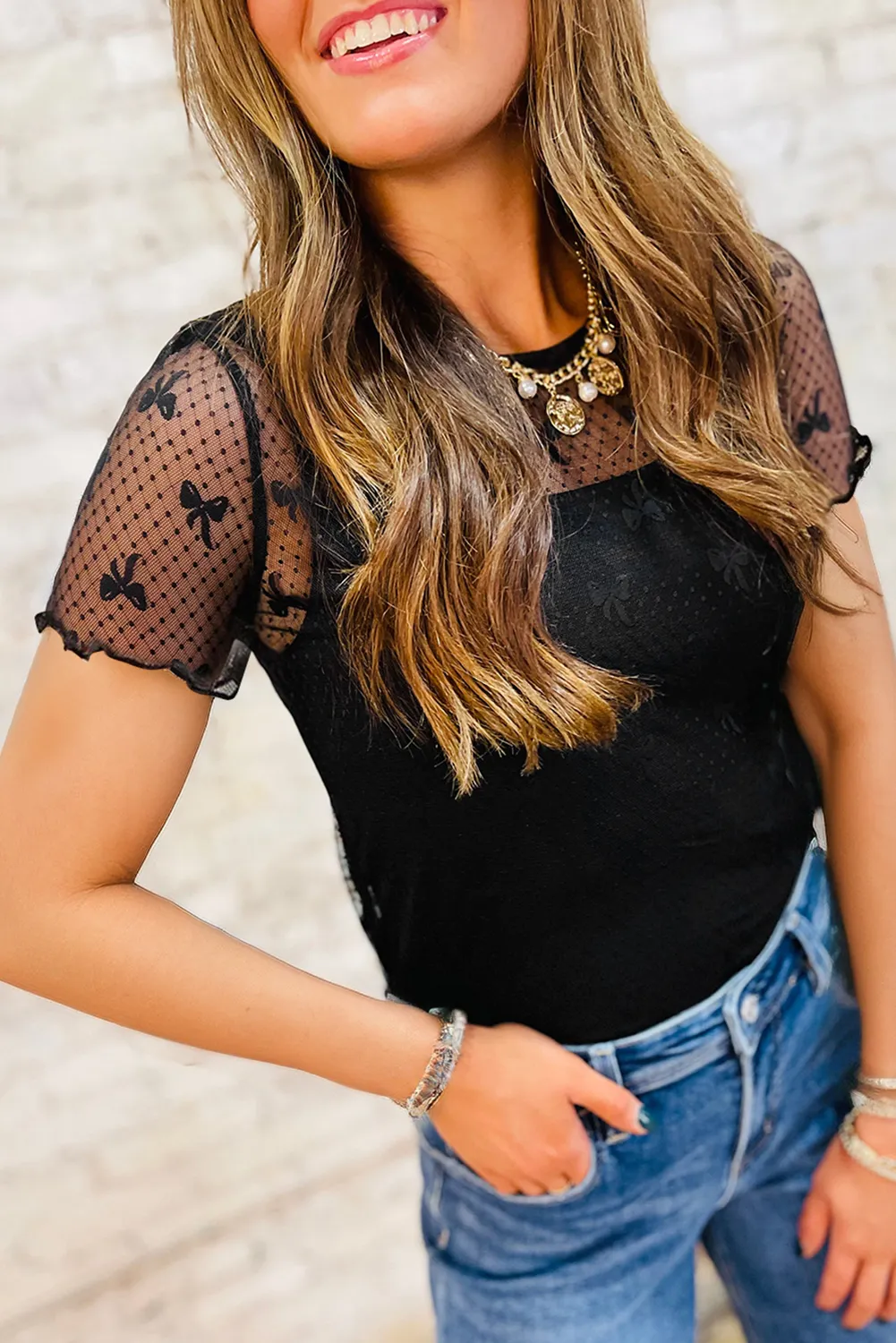 Black Bow Knot Dotted See-through Mesh Patched Slim Fit Blouse