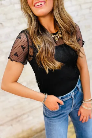 Black Bow Knot Dotted See-through Mesh Patched Slim Fit Blouse