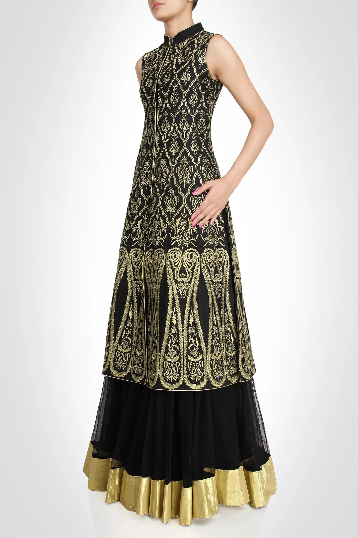 Black color long jacket lehenga available online