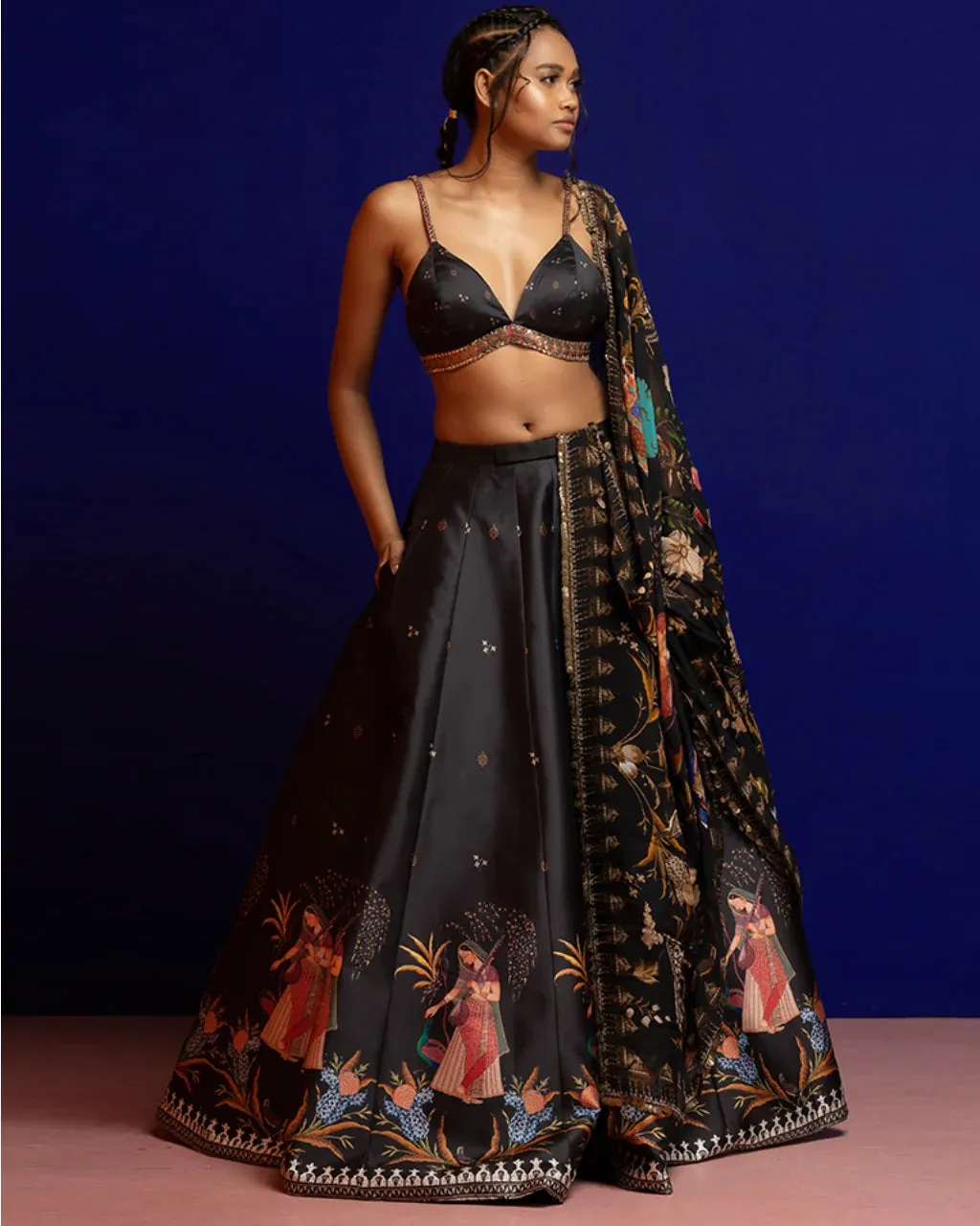 Black Placement Embroidery Lehenga Set