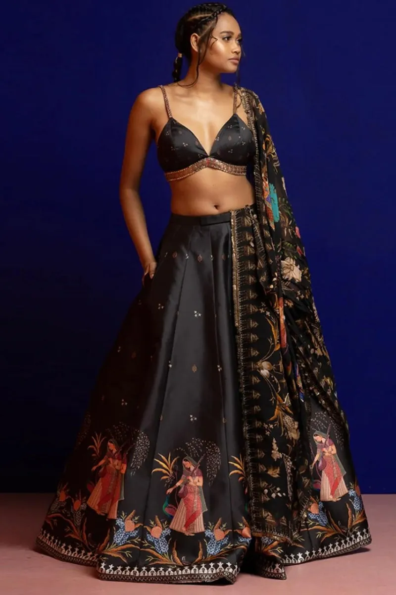 Black Placement Embroidery Lehenga Set