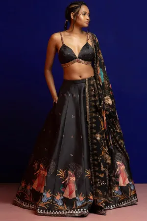 Black Placement Embroidery Lehenga Set