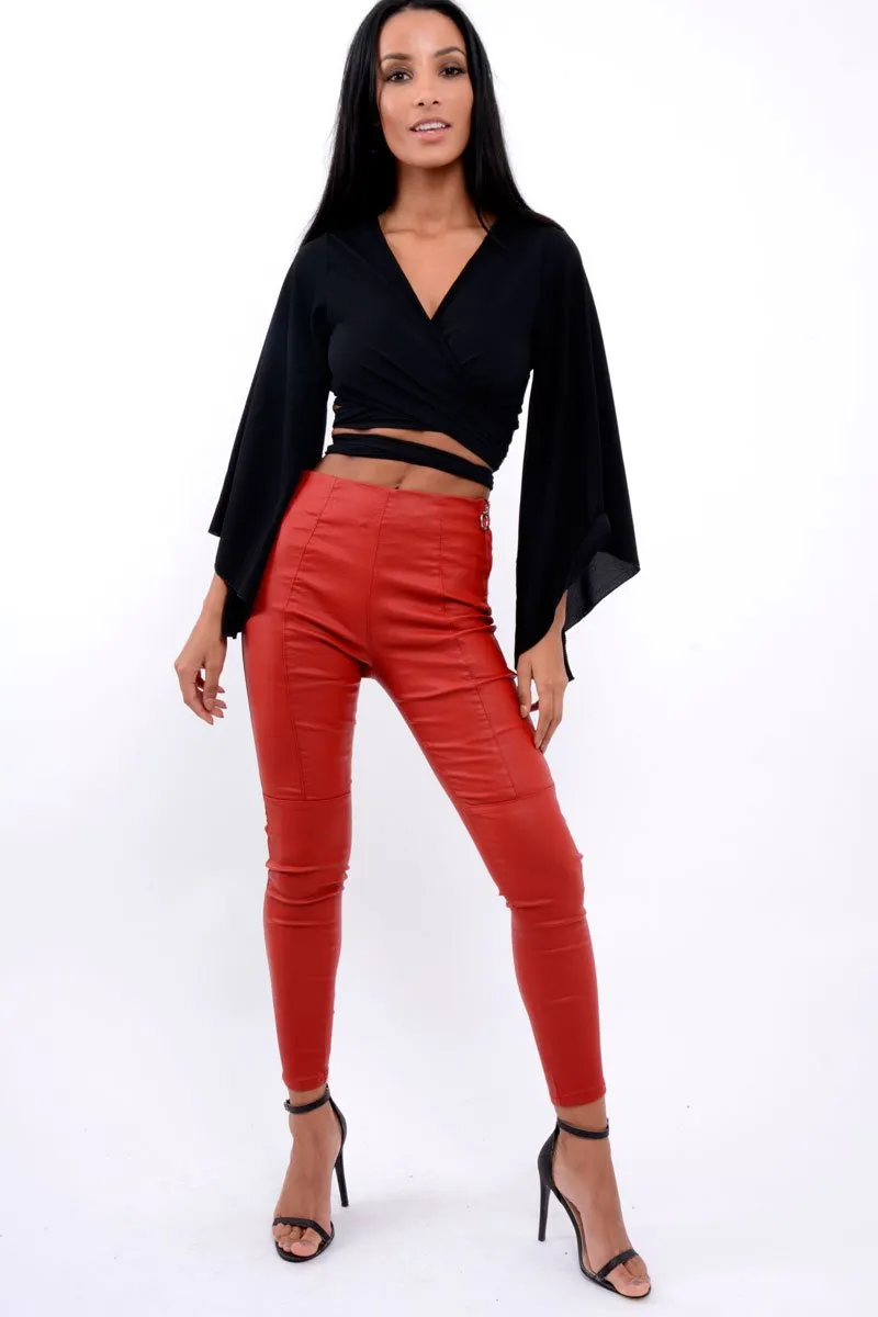 Black Wrap Tie Crop Blouse - Kay
