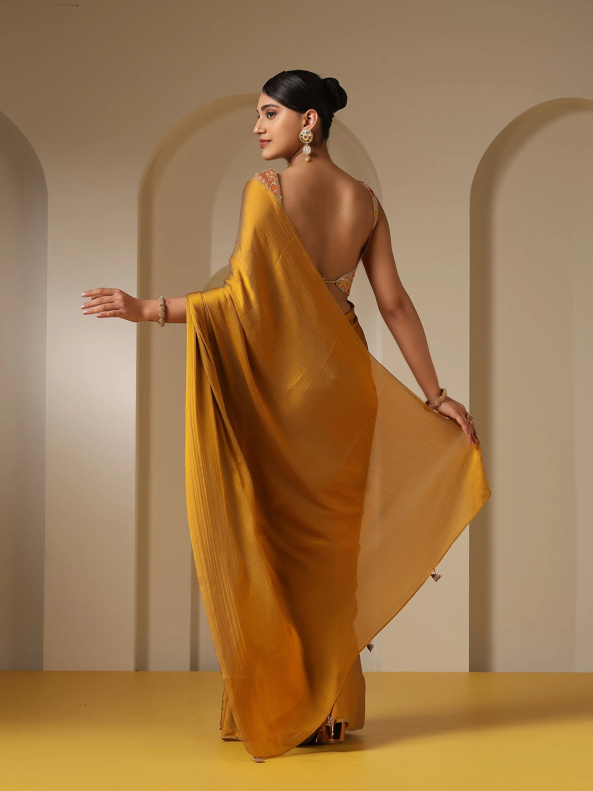 Blue Phoenix Dual Shade Chiffon Saree with Self Blouse Fabric
