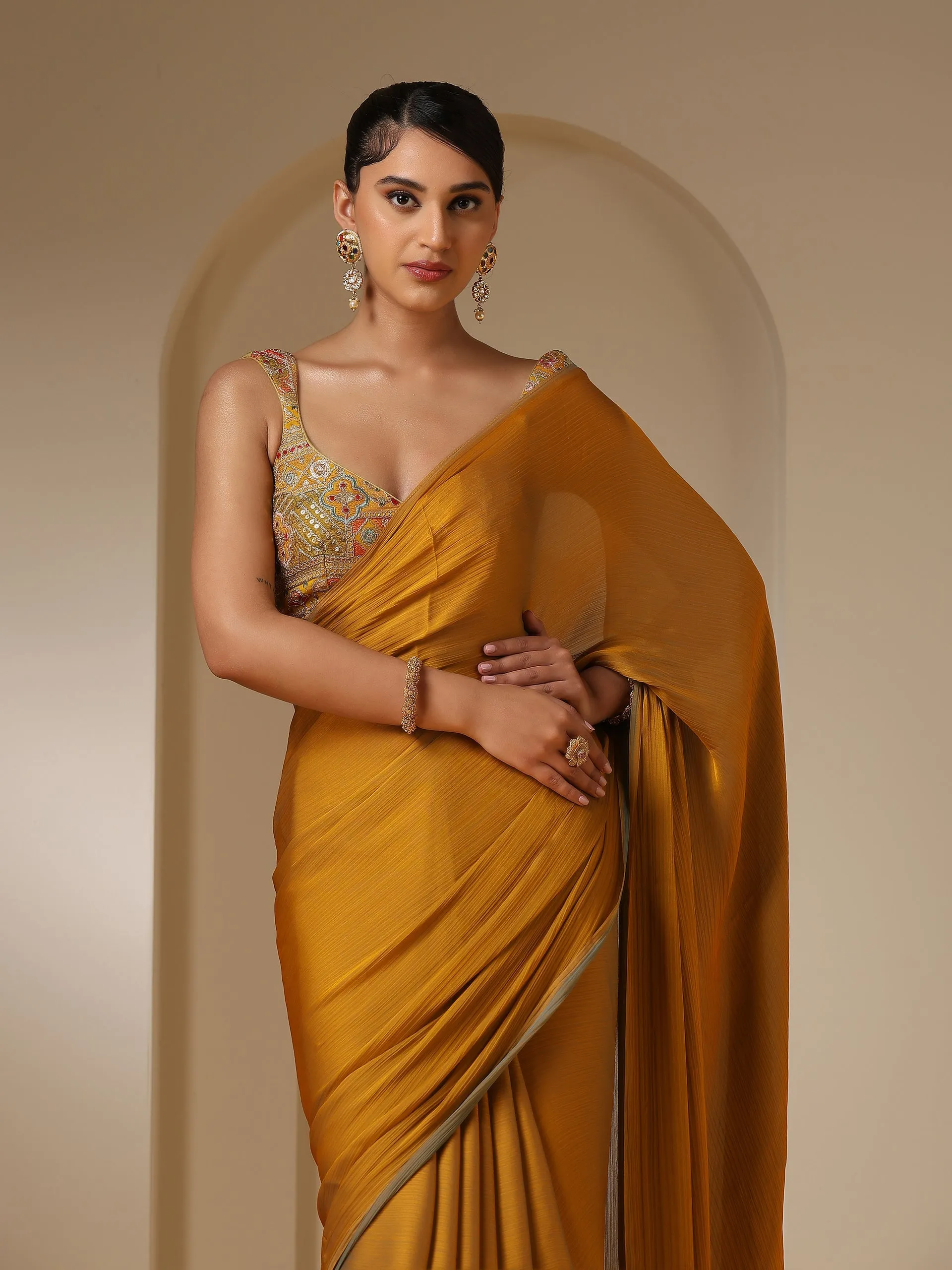 Blue Phoenix Dual Shade Chiffon Saree with Self Blouse Fabric