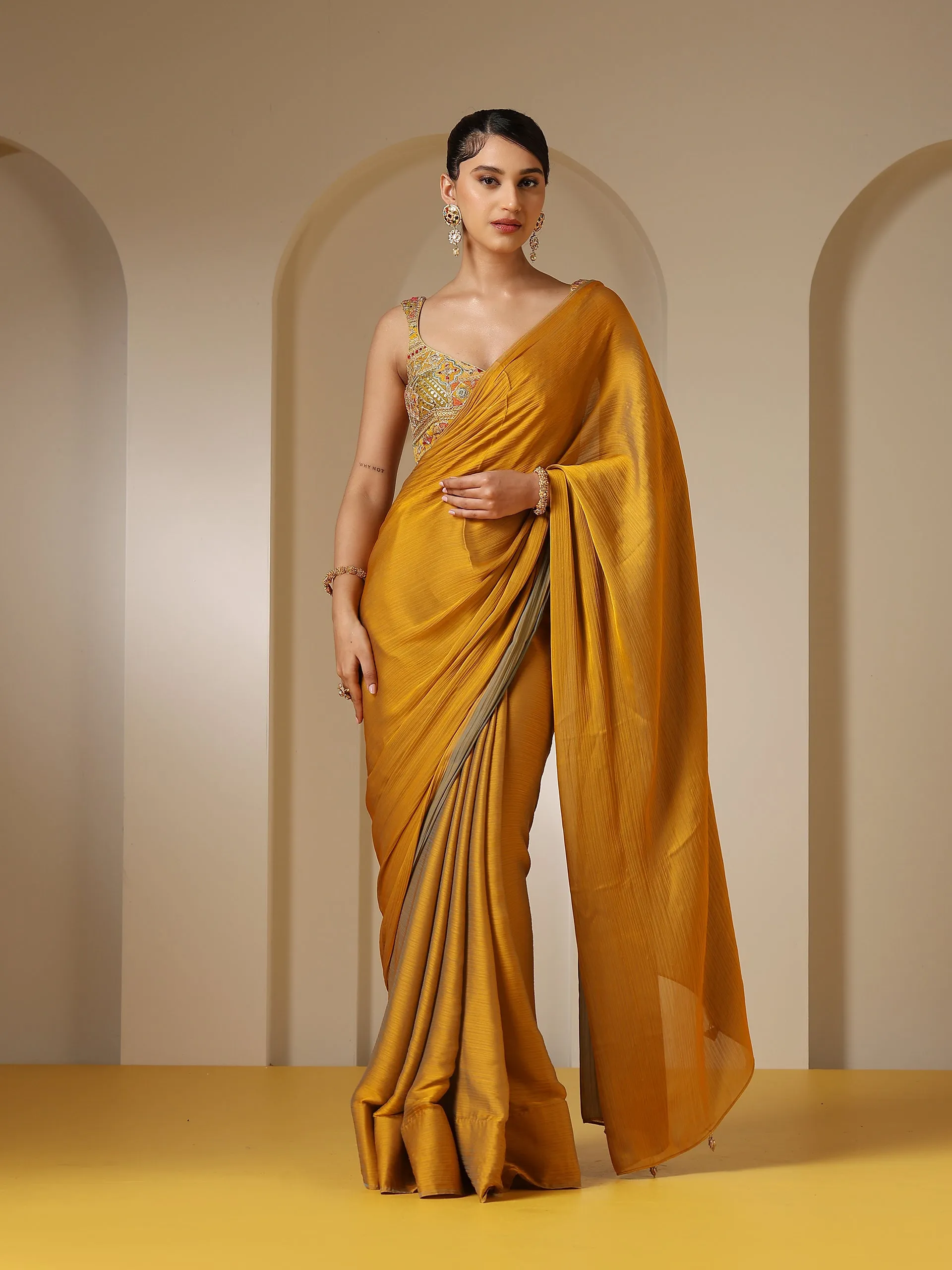 Blue Phoenix Dual Shade Chiffon Saree with Self Blouse Fabric
