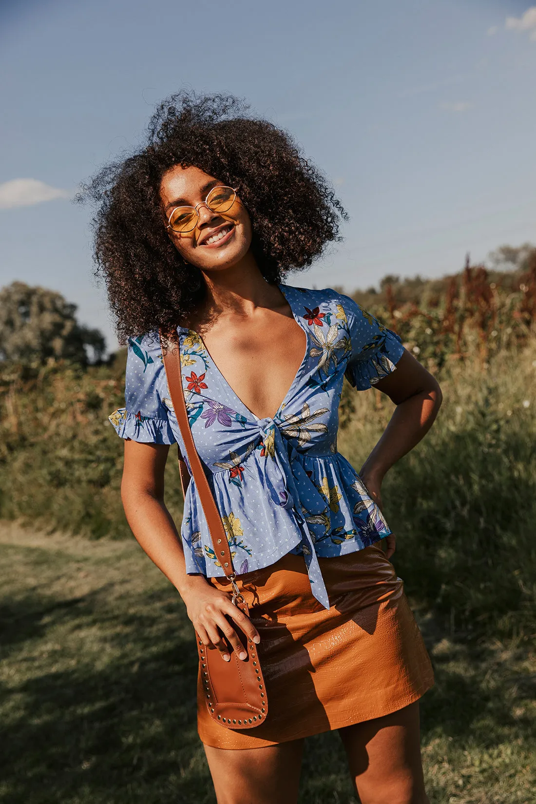 Blue Spot and Floral Frill Sleeve Tie Front Peplum Top