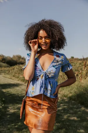 Blue Spot and Floral Frill Sleeve Tie Front Peplum Top