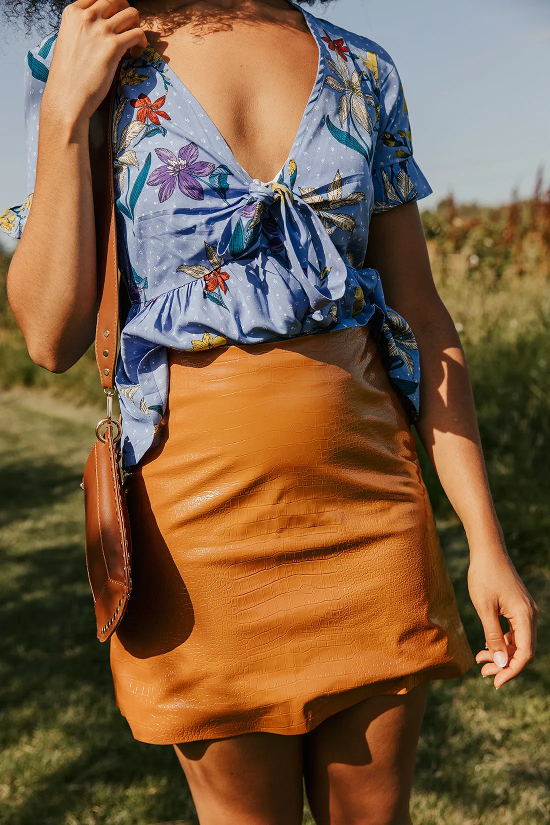 Blue Spot and Floral Frill Sleeve Tie Front Peplum Top