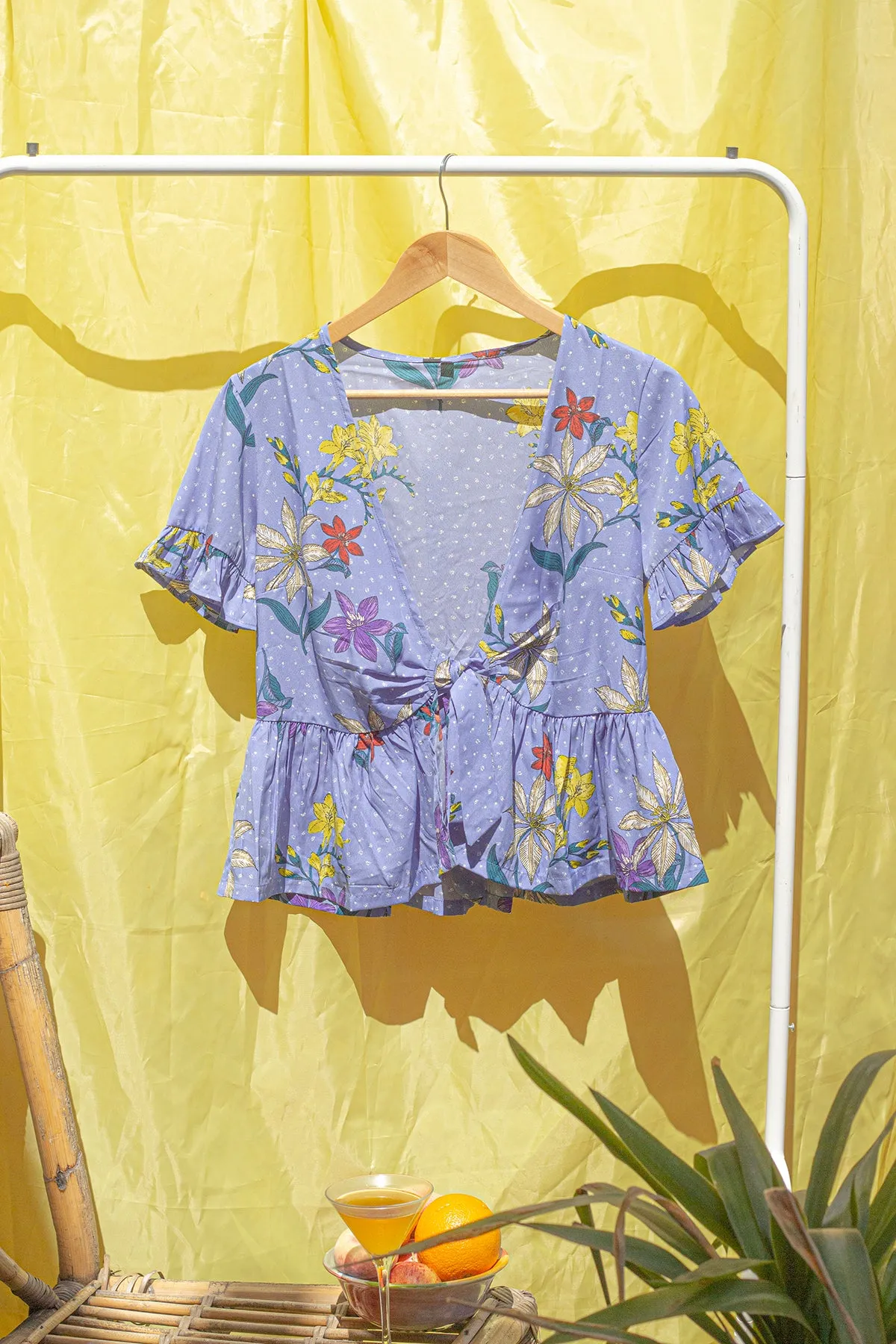 Blue Spot and Floral Frill Sleeve Tie Front Peplum Top