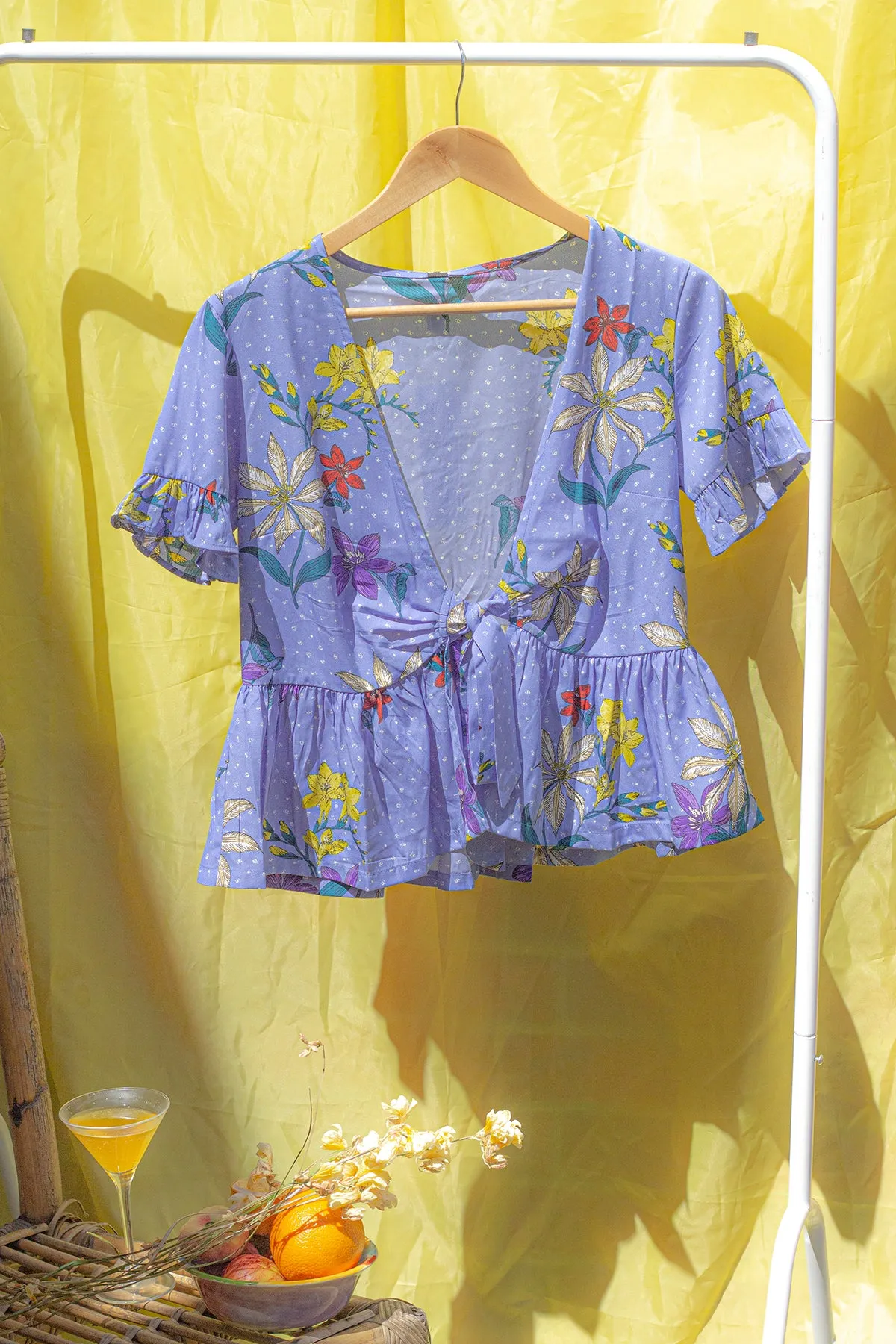 Blue Spot and Floral Frill Sleeve Tie Front Peplum Top