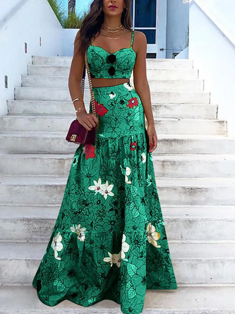 Bohemian Floral Print Long Skirt Suit