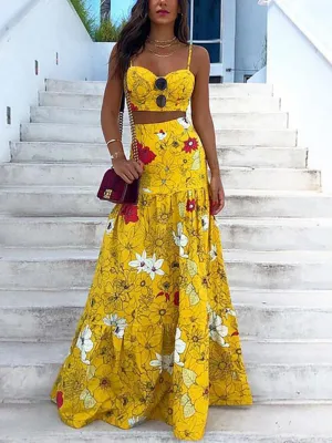 Bohemian Floral Print Long Skirt Suit