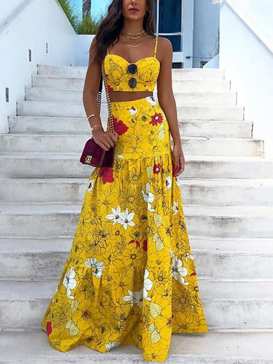 Bohemian Floral Print Long Skirt Suit
