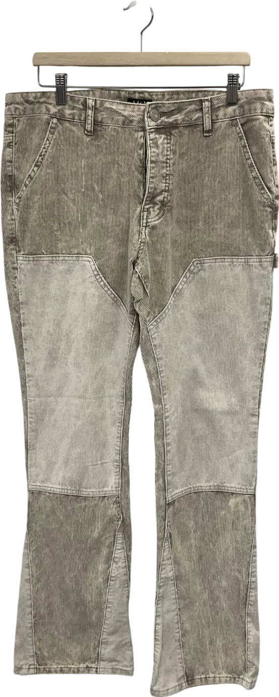 boohooMan Cream Slim Flare Carpenter Colour Block Acid Wash Cord Trouser W34