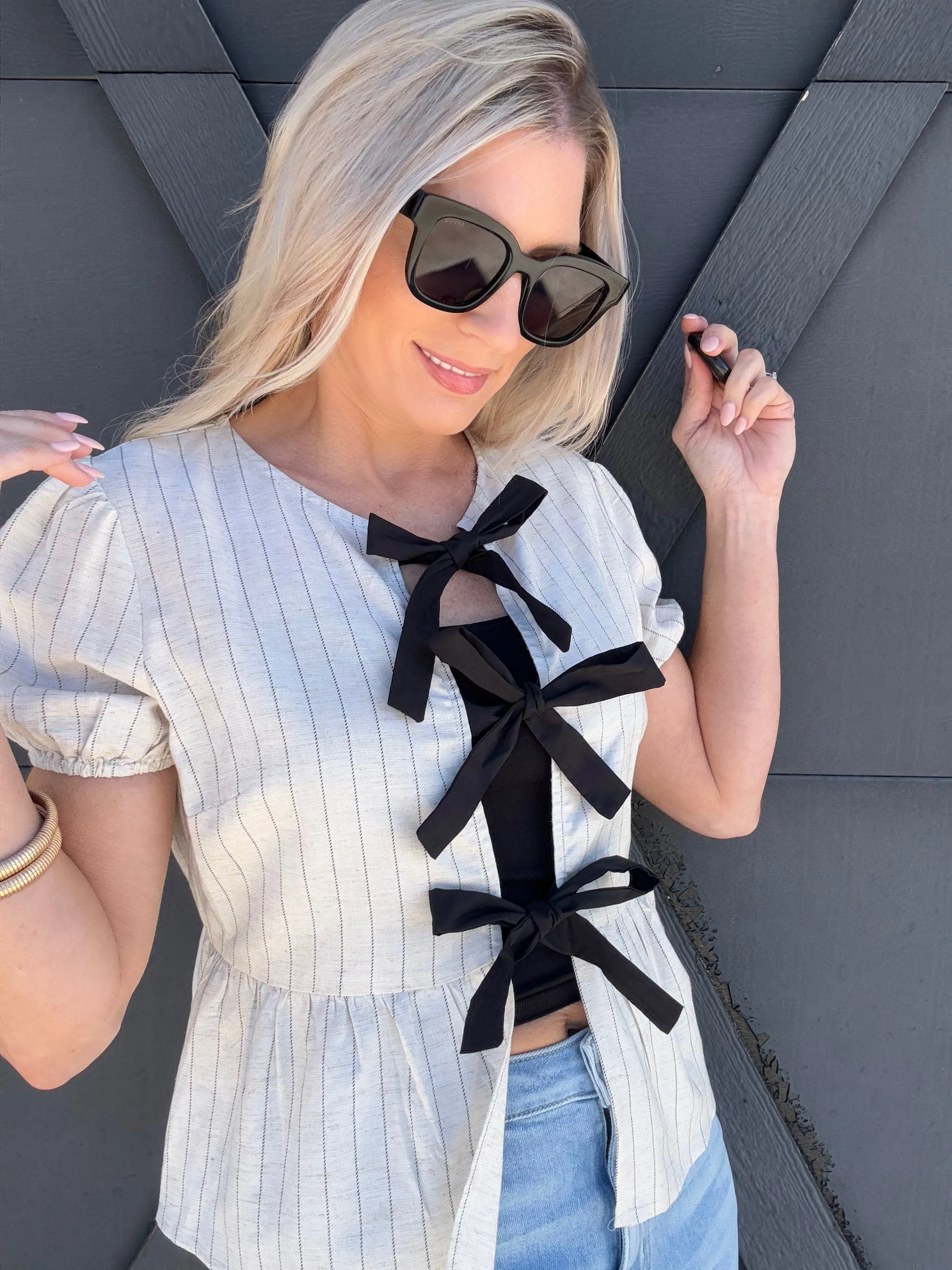 Bow Tie Open Front Striped Blouse In Oatmeal