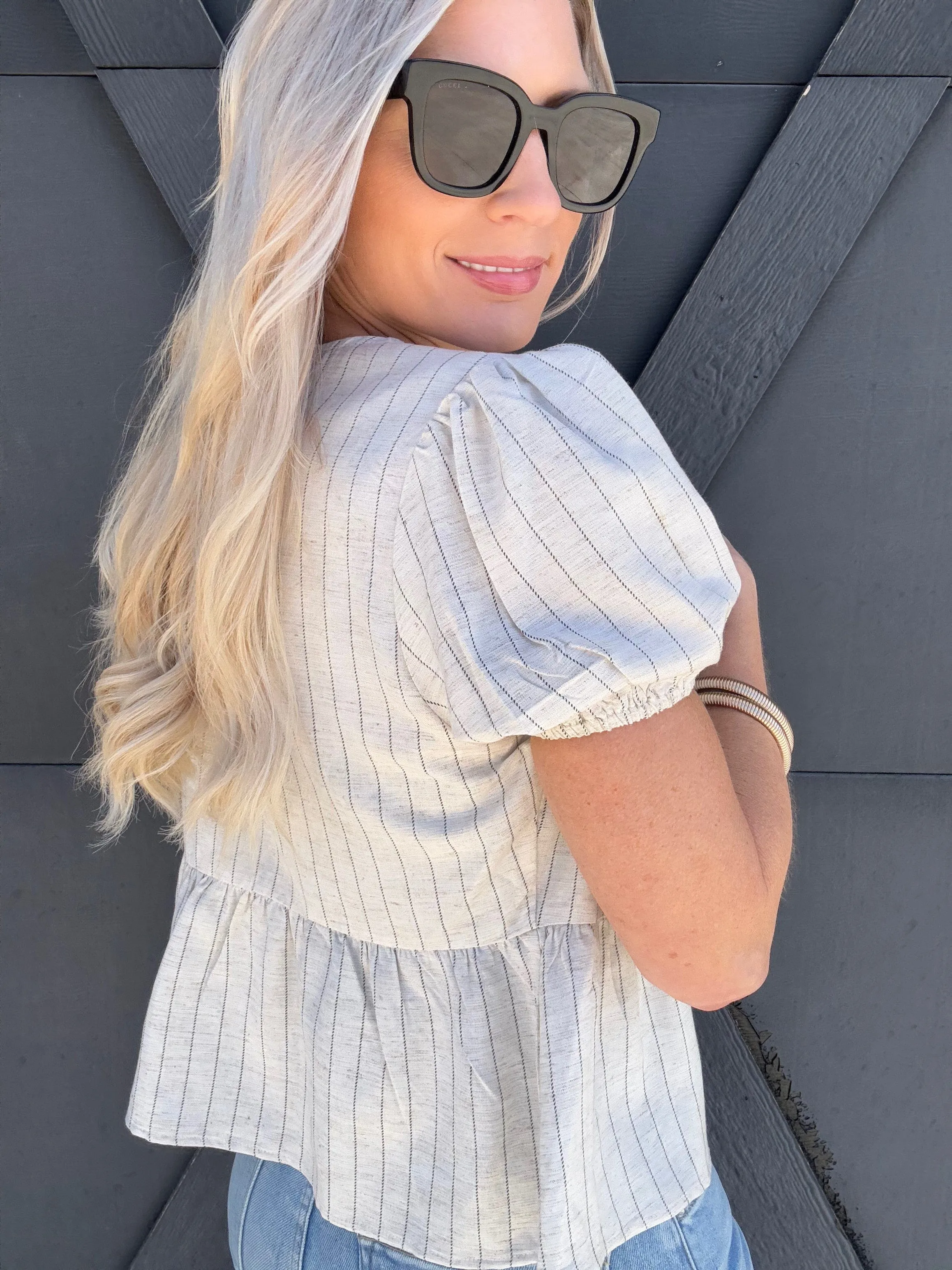 Bow Tie Open Front Striped Blouse In Oatmeal