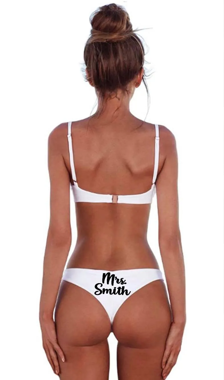 Bride Mrs. Honeymoon Bikini Two Piece Swim Suit, White Low Rise Bridal Bathing Suit
