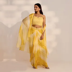 Bright Yellow Draped Skirt and Top Set Indowestern