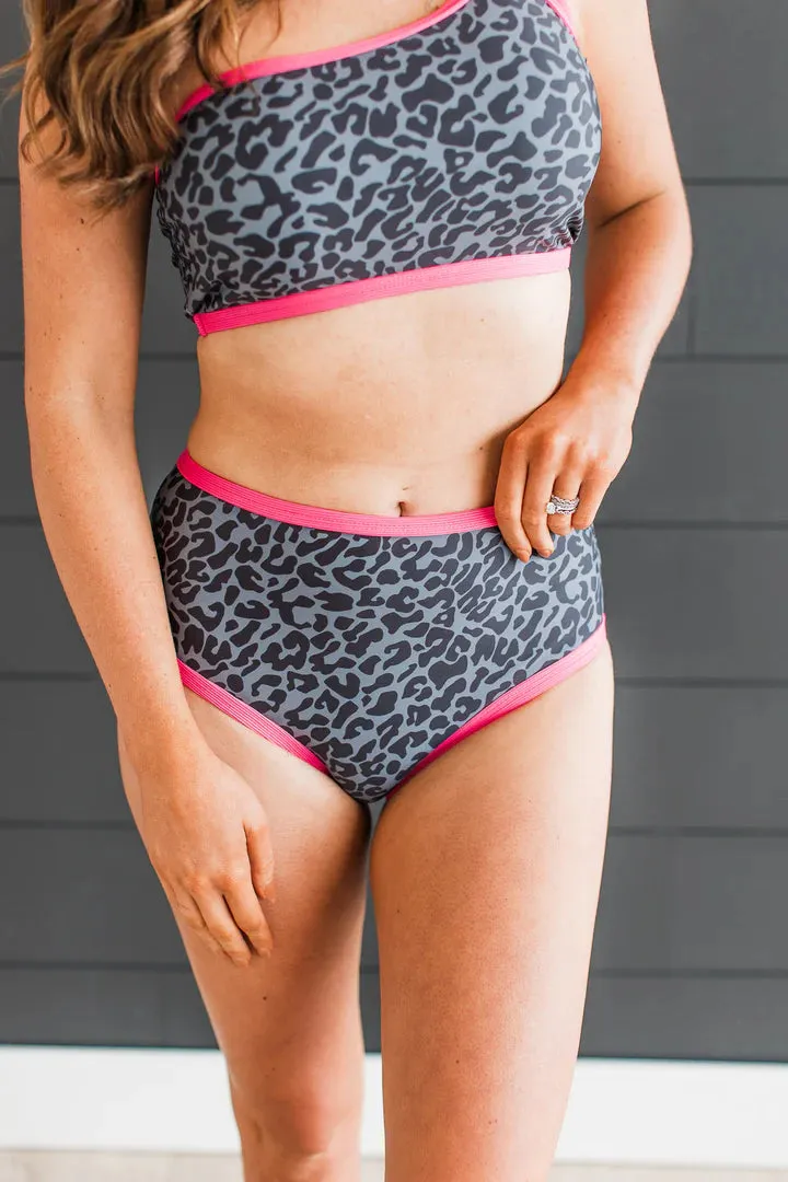 By The Boardwalk Swim Bottoms - Charcoal Leopard & Pink