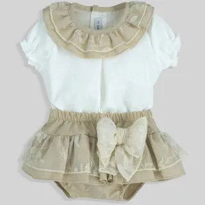 Calamaro Baby Girls White & Beige Two-Piece Outfit – Elegant Lace Detail Set