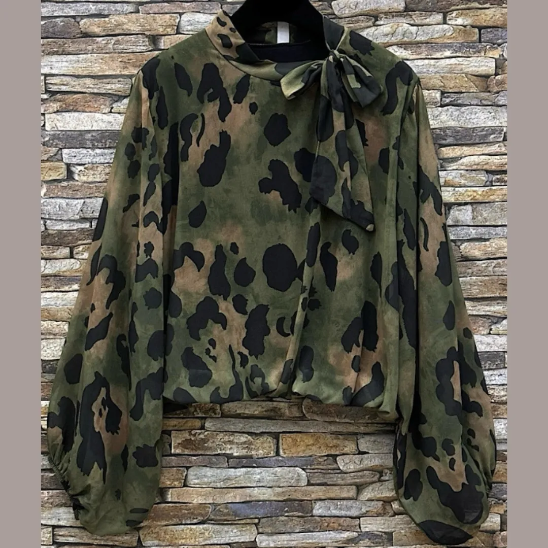Camouflage Bow-Tie Blouse