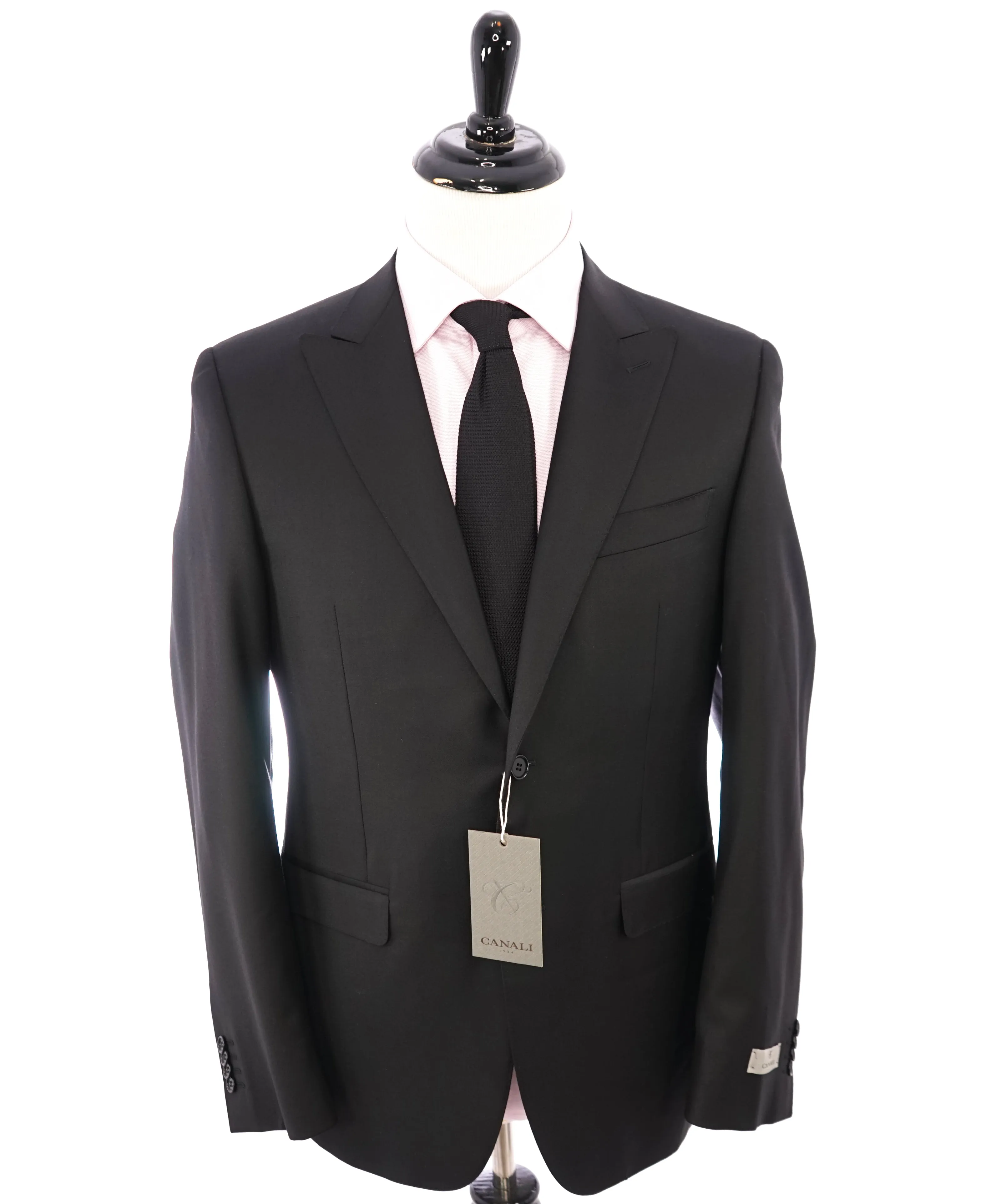 CANALI - Jet Black Peak Lapel Premium Wool Suit - 40R