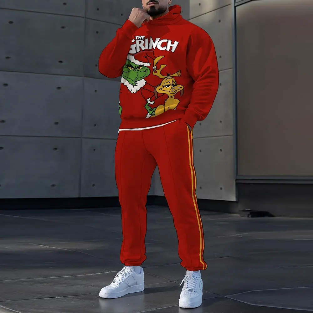 Cartoon Christmas Print Hooded Sports Two-Piece Suit