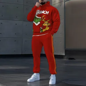 Cartoon Christmas Print Hooded Sports Two-Piece Suit