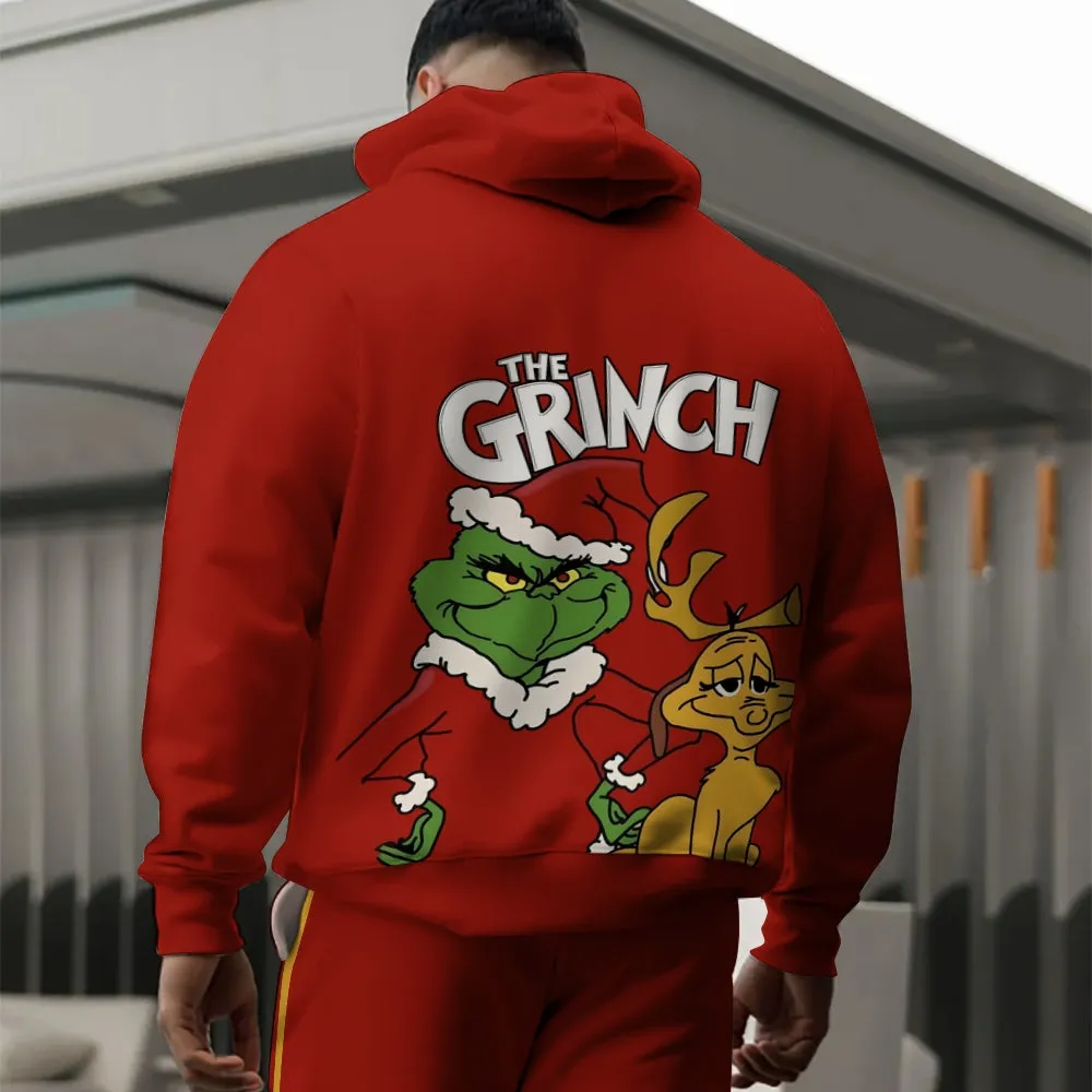 Cartoon Christmas Print Hooded Sports Two-Piece Suit