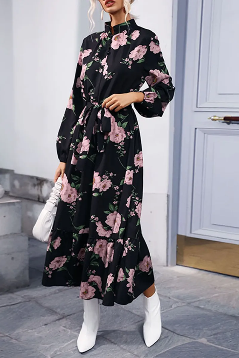 Casual Print Patchwork Half A Turtleneck Waist Skirt Dresses