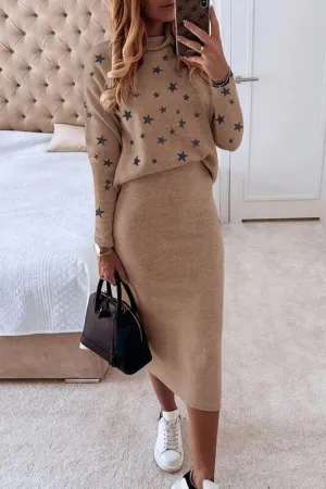 Casual The stars Patchwork O Neck Long Sleeve Two Pieces(7 Colors)