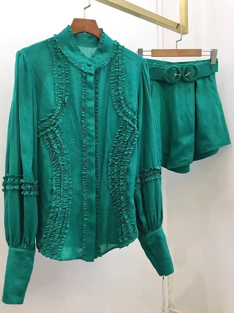 Casual Two Piece Sets For Women Stand Collar Loose Lantern Sleeve Shirts