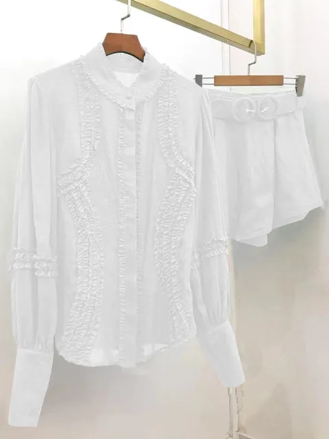 Casual Two Piece Sets For Women Stand Collar Loose Lantern Sleeve Shirts
