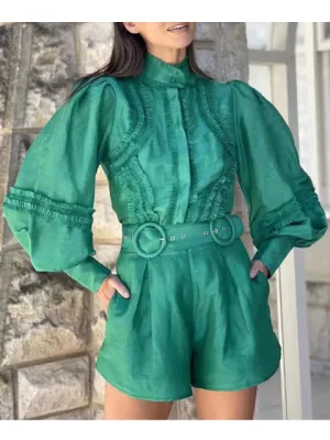 Casual Two Piece Sets For Women Stand Collar Loose Lantern Sleeve Shirts