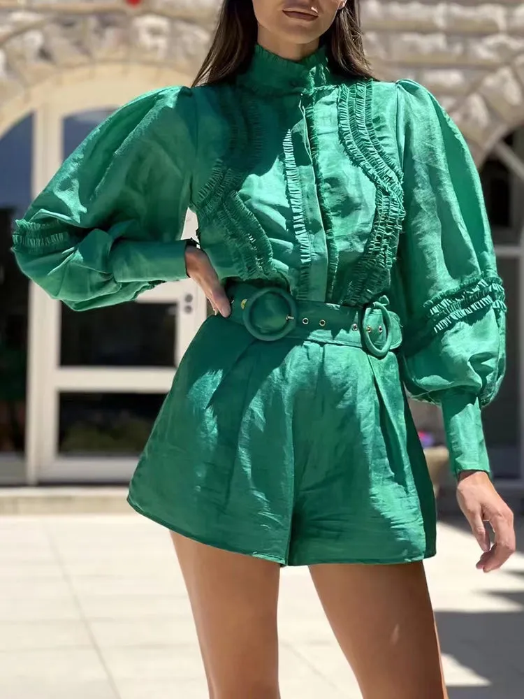 Casual Two Piece Sets For Women Stand Collar Loose Lantern Sleeve Shirts