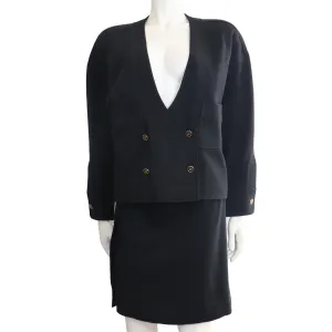 Chanel Navy Blue Double Knit Jacket & Skirt Set w/ Logo Buttons Circa 1990s