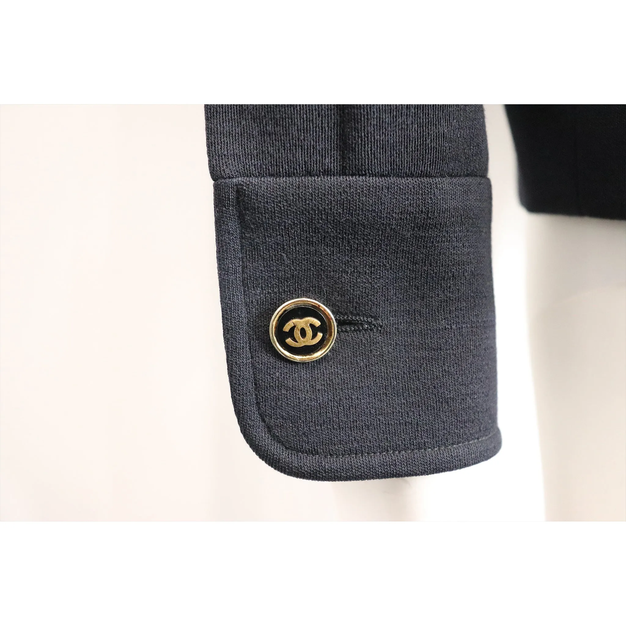 Chanel Navy Blue Double Knit Jacket & Skirt Set w/ Logo Buttons Circa 1990s