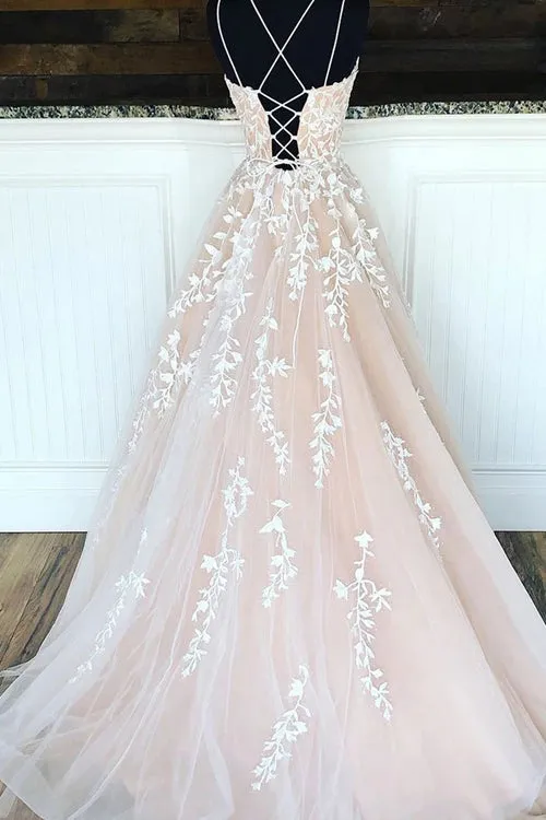 Charming Tulle Lace A-line Floor Length Prom Dress with Appliques, MP475