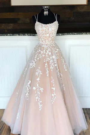 Charming Tulle Lace A-line Floor Length Prom Dress with Appliques, MP475